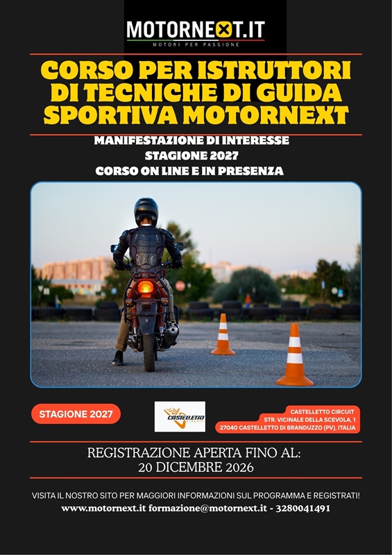 CORSO PER ISTRUTTORI DI TECNICHE DI GUIDA SPORTIVA MOTORNEXT - MANIFESTAZIONE DI INTERESSE STAGIONE 2027