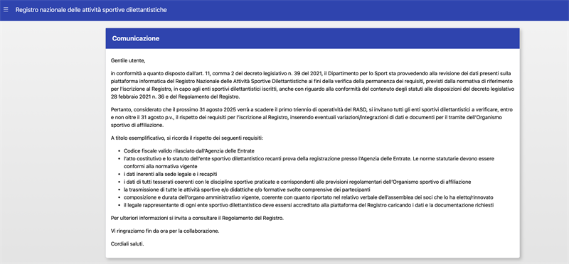 AVVISO ALLE ASD E SSD AFFILIATE MOTORNEXT - LIBERTAS: COMUNICATO UFFICIALE RAS (ON LINE SU REGISTRO SPORT E SALUTE)