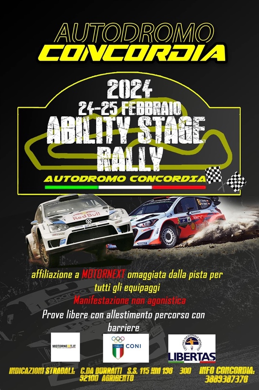 Ability Rally Stage e' un rally/regolarita' in pista per macchine moderne e storiche, il regolamento sara' pubblicato a giorni nella sezione nazionale